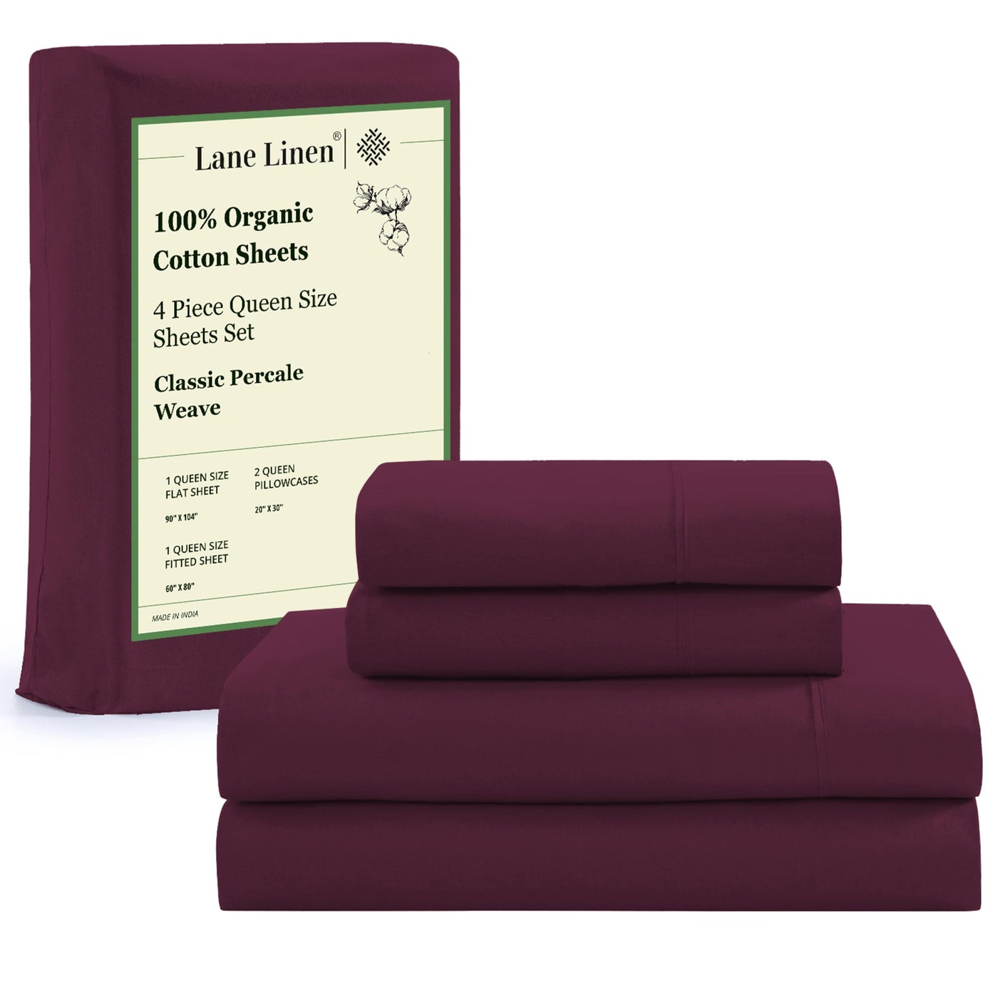 LANE LINEN 100% Organic Cotton Sheets Queen Size, Classic Percale Weave Fully Elasticized Breathable Queen Cotton Sheet Set, Machine Washable Soft & Comfy Queen Sheet Set - Windsor Wine