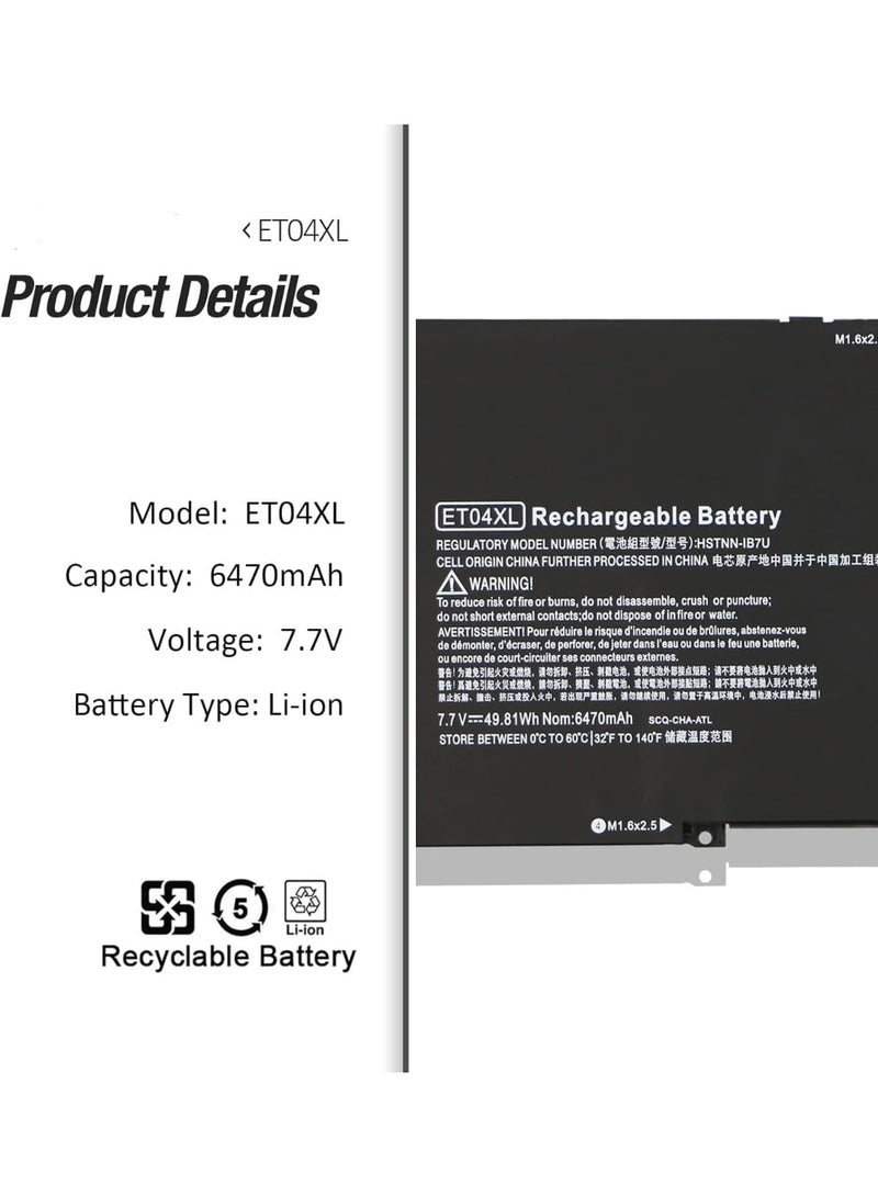 Terabyte 7.7V 49.81Wh 6470mAh ET04XL ET04049XL-PL Battery Compatible for HP EliteBook X360 1020 G2 i7-7600U i5-7300U Series - Image 2