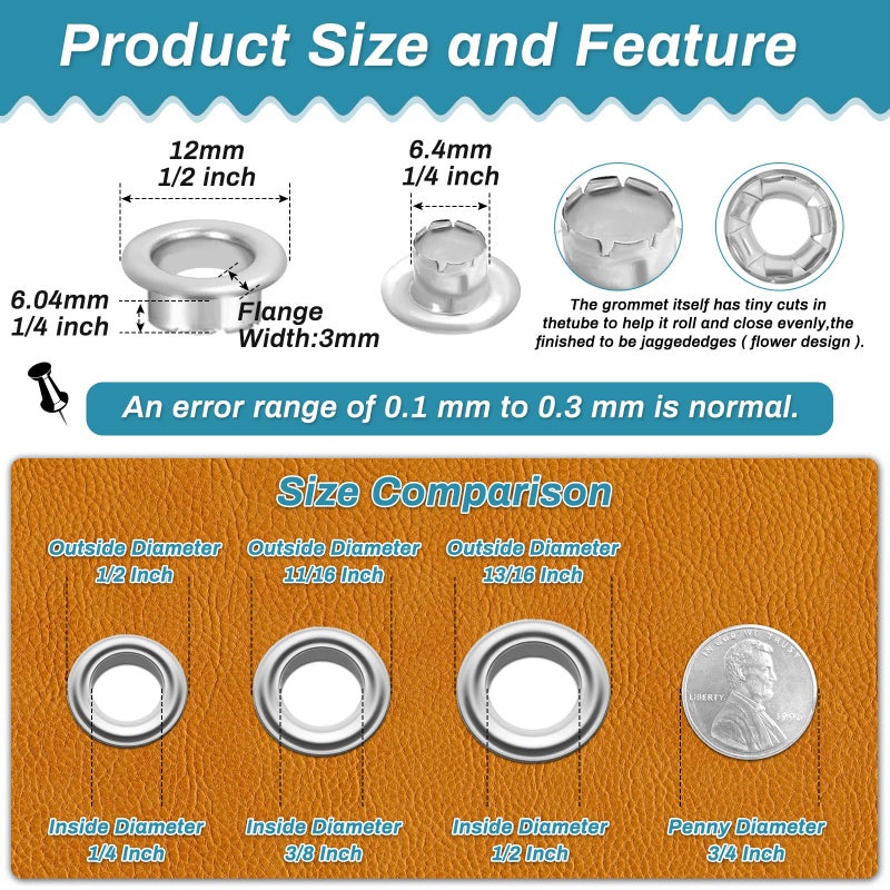 PAXCOO 803Pcs Grommet Tool Kit 6mm 1/4 Inch(Inside Hole Size) Eyelet Kit with 400Pcs Eyelets Grommets, 400Pcs Washers and Grommet Eyelet Pliers for Leather/Belt/Shoes/Crafts - Image 2