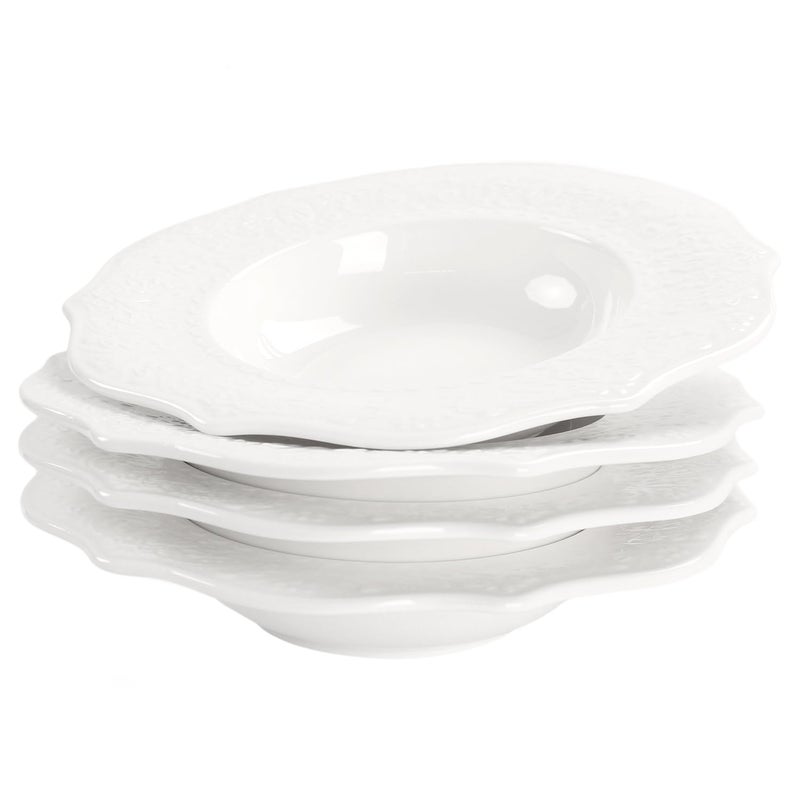jinsongdafa Soup Bowls, Pasta Bowls Plates, White Salad Bowls Set of 4, Embossed Porcelain Wide Rim Bowls, 8.5 Oz, Microwave & Dishwasher Safe, Best for foodies and restaurants 8.75 Inch Laciness - Image 1