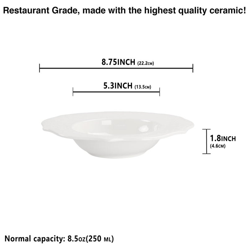 jinsongdafa Soup Bowls, Pasta Bowls Plates, White Salad Bowls Set of 4, Embossed Porcelain Wide Rim Bowls, 8.5 Oz, Microwave & Dishwasher Safe, Best for foodies and restaurants 8.75 Inch Laciness - Image 2