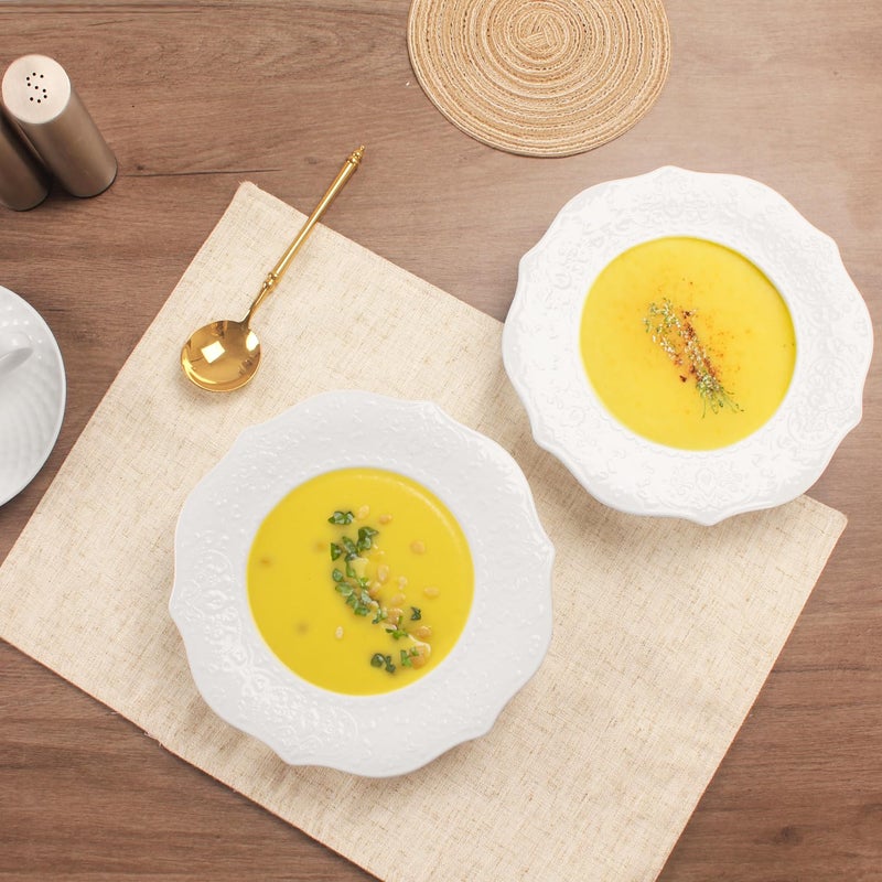 jinsongdafa Soup Bowls, Pasta Bowls Plates, White Salad Bowls Set of 4, Embossed Porcelain Wide Rim Bowls, 8.5 Oz, Microwave & Dishwasher Safe, Best for foodies and restaurants 8.75 Inch Laciness - Image 4