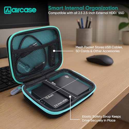 AirCase 2.5 Inch External Hard Drive Case with Shockproof EVA Hardshell & Soft Lining | Travel Organizer Pouch with Mesh Pocket, Zipper Closure for HDD/SSD, Earphones, Charger & Gadgets(Black) - Image 5