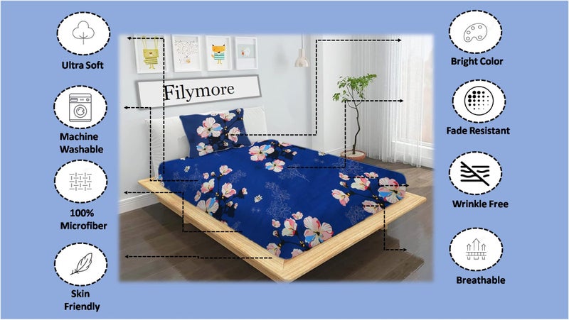 Filymore Flat Single Bed Sheet Floral Bedcover with 1 Pillow Cover - 240 TC Soft Microfiber Single bedsheet for Single Size Bed, Bedspread is of Blue Color (90x60 Inches) - Image 2