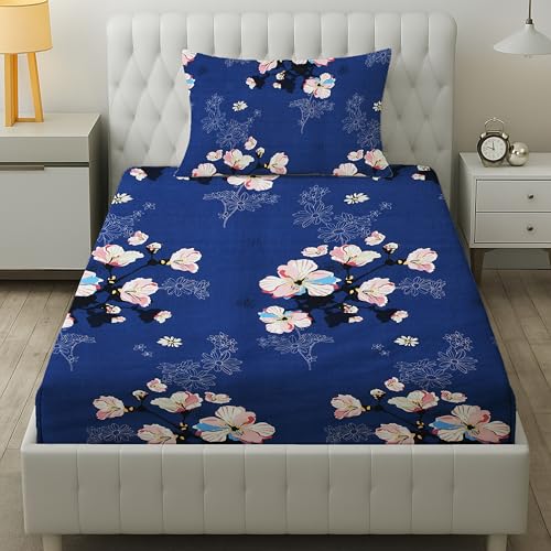 Filymore Flat Single Bed Sheet Floral Bedcover with 1 Pillow Cover - 240 TC Soft Microfiber Single bedsheet for Single Size Bed, Bedspread is of Blue Color (90x60 Inches) - Image 1
