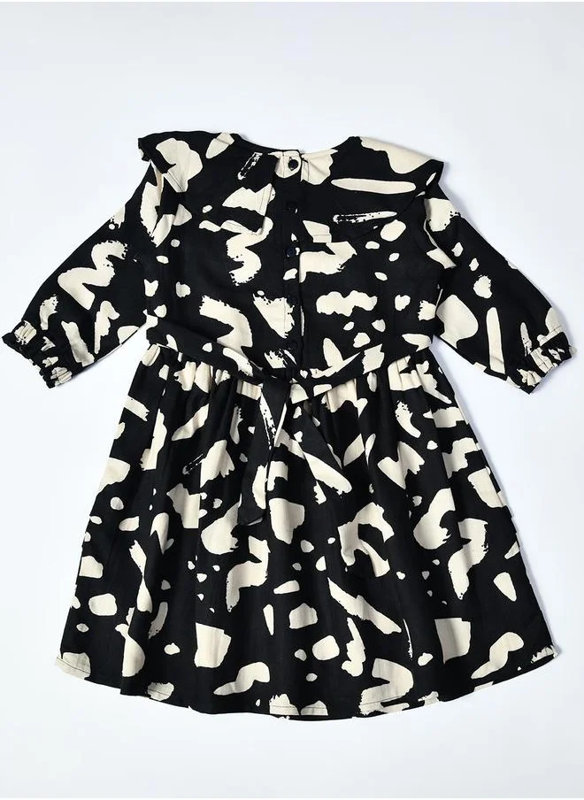 BELLA MODA Bella Moda All-Over Abstract Print Ruffle Trim Cotton Dress