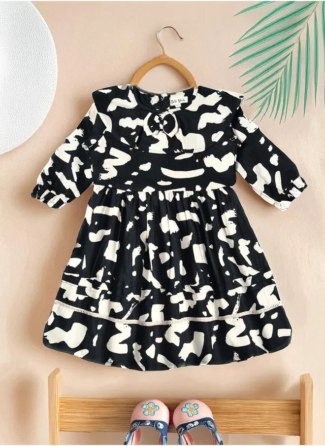 BELLA MODA Bella Moda All-Over Abstract Print Ruffle Trim Cotton Dress