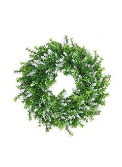 Home Elements HOME ELEMENTS Artificial Green Leaf & White Flower Wreath for Front Door, Spring Summer Wreaths Front Door Wreaths for Home Wall Window Farmhouse Decor Party Wedding Indoor Outdoor - 28cm (WRH-002)  - Image 1