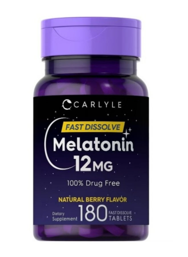 كارلايل ميلاتونين ١٢ ملغ سريع الذوبان ١٨٠ قرصًا | مُساعد على النوم ليلًا | بنكهة التوت الطبيعية | نباتي، غير مُعدّل وراثيًا، خالٍ من الغلوتين - Image 1