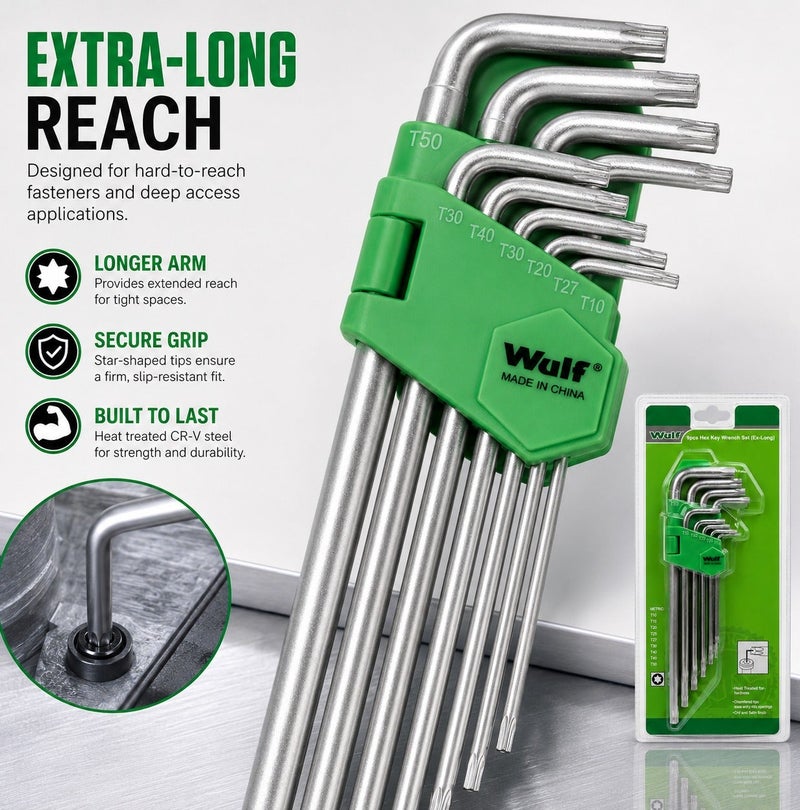 WULF 9PCS Ex-Long Hex Key Wrench Set T10-T50 - Heat Treated CR-V Steel Star Allen Key Set with Satin Finish and Chamfered Tips - Professional Torx Key Set for Automotive, Machinery and DIY Repairs - Image 4