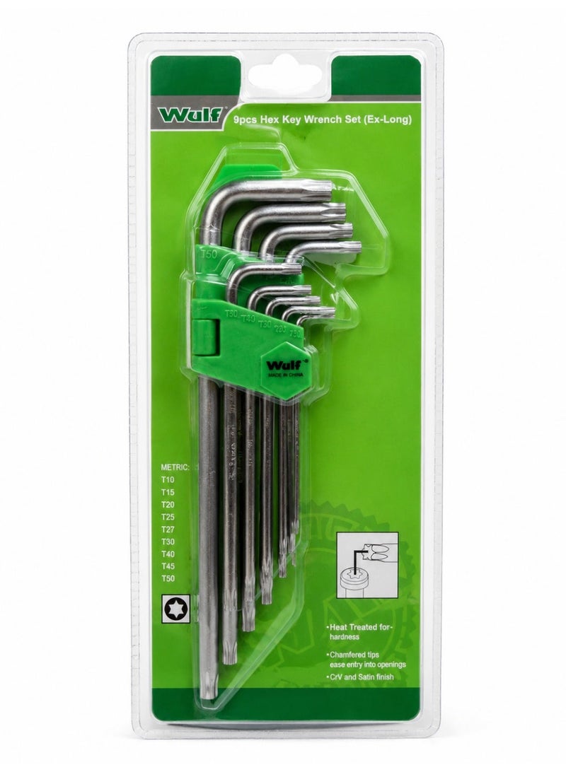 WULF 9PCS Ex-Long Hex Key Wrench Set T10-T50 - Heat Treated CR-V Steel Star Allen Key Set with Satin Finish and Chamfered Tips - Professional Torx Key Set for Automotive, Machinery and DIY Repairs - Image 1