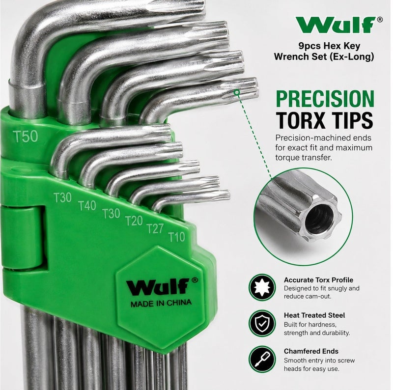 WULF 9PCS Ex-Long Hex Key Wrench Set T10-T50 - Heat Treated CR-V Steel Star Allen Key Set with Satin Finish and Chamfered Tips - Professional Torx Key Set for Automotive, Machinery and DIY Repairs - Image 3