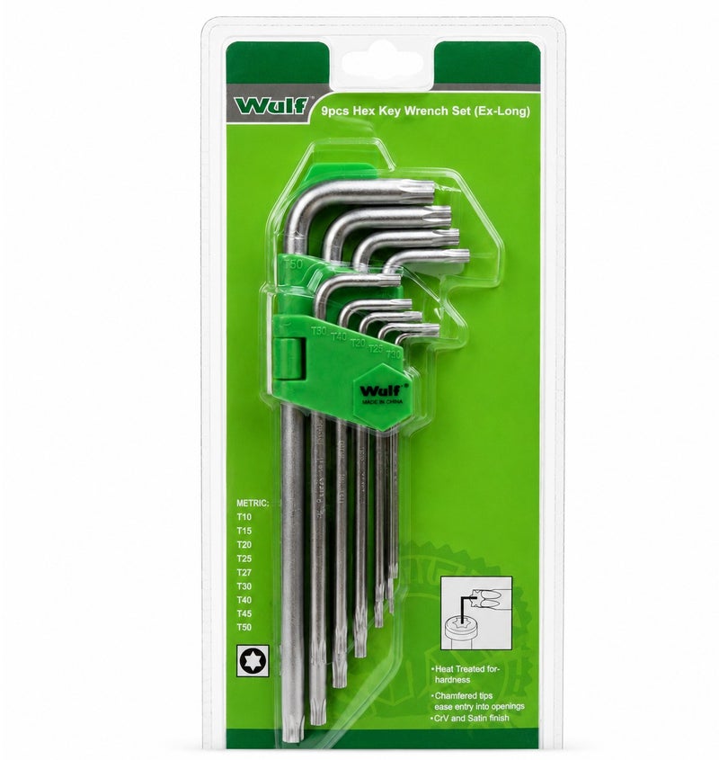 WULF 9PCS Ex-Long Hex Key Wrench Set T10-T50 - Heat Treated CR-V Steel Star Allen Key Set with Satin Finish and Chamfered Tips - Professional Torx Key Set for Automotive, Machinery and DIY Repairs - Image 1