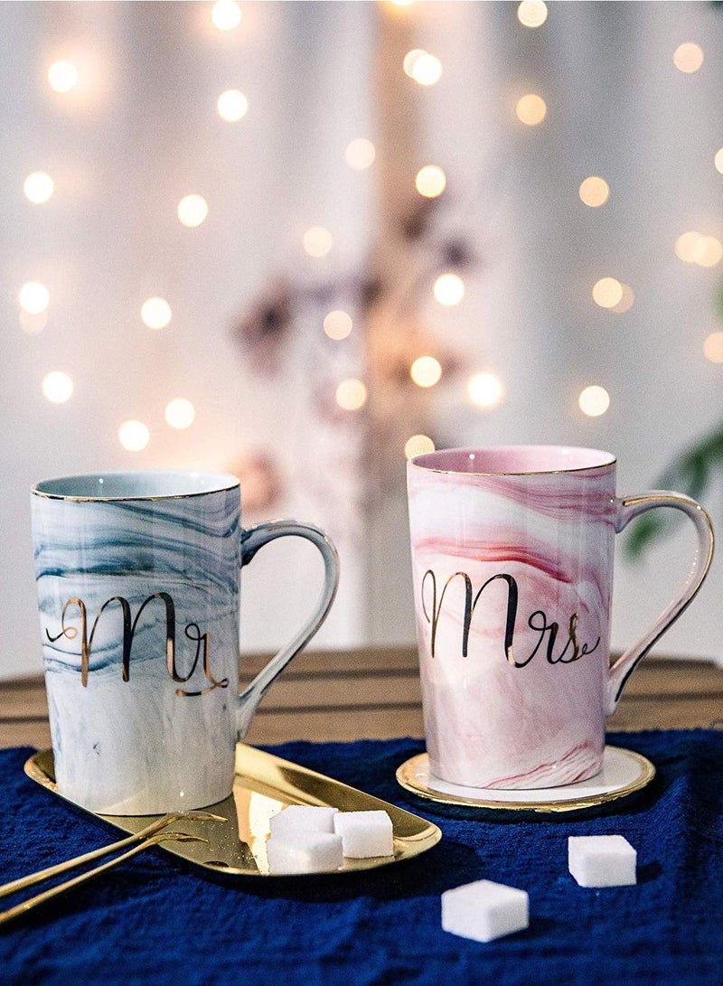 طقم أكواب MR and MRS ، قهوة / شاي ، مجموعة هدايا فريدة للزوجين ، الأهل ، الزفاف ، الزفاف ، هدية الخطوبة ، رخام سيراميك (وردي / رمادي) - Image 3