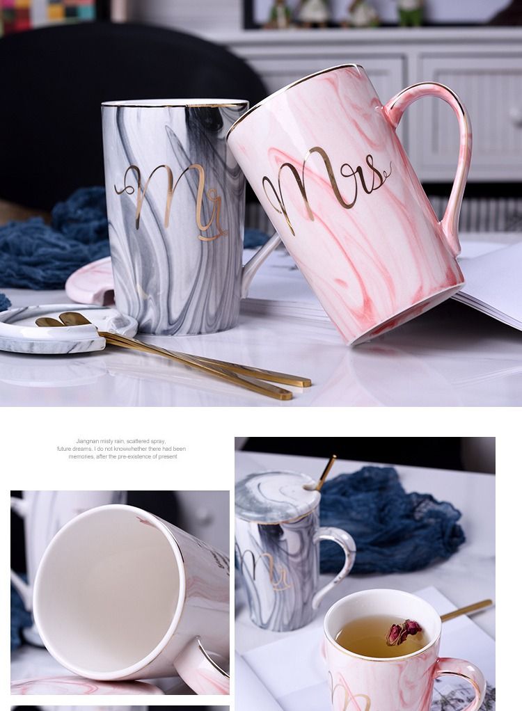 طقم أكواب MR and MRS ، قهوة / شاي ، مجموعة هدايا فريدة للزوجين ، الأهل ، الزفاف ، الزفاف ، هدية الخطوبة ، رخام سيراميك (وردي / رمادي) - Image 4