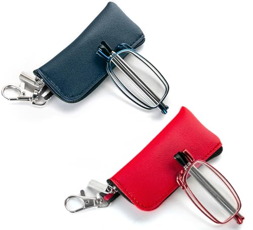 2 Pack Folding Reading Glasses for Men Women with Keychain Compact Bags Blue Light Blocking Portable Pocket Computer ReadersBlue and Red 125