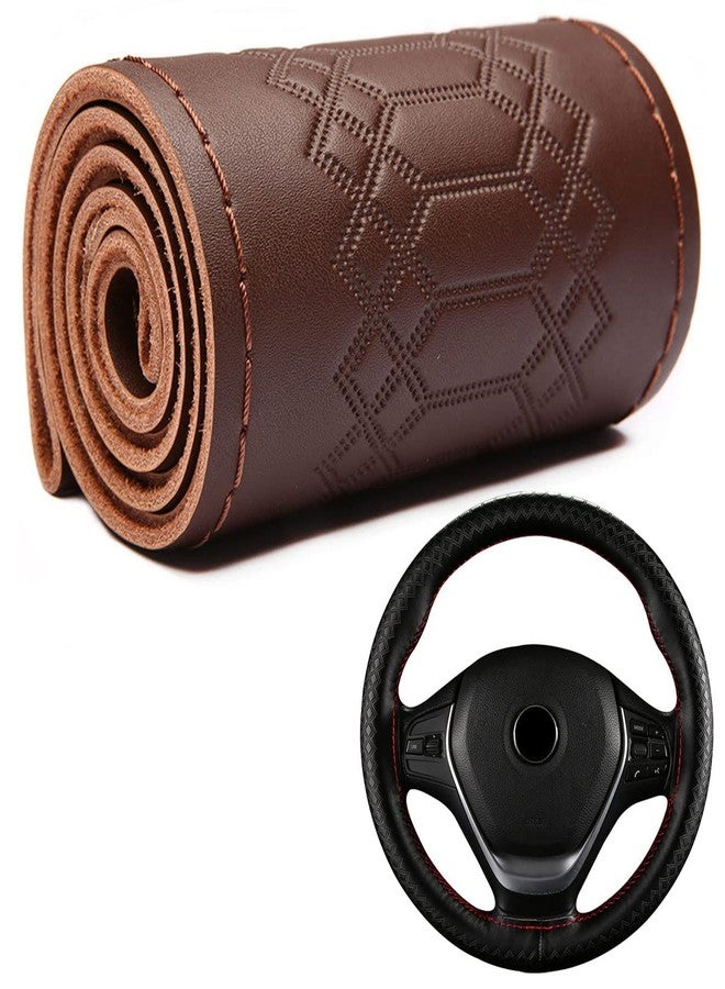 DEEYOTA Car Steering Wheel Cover Universal Fit Round Stitch Steering Wheel Wrap Thin PU Leather Steering Wheel Cover Sewn on 15" Car Wheel (Coffee) - Image 1