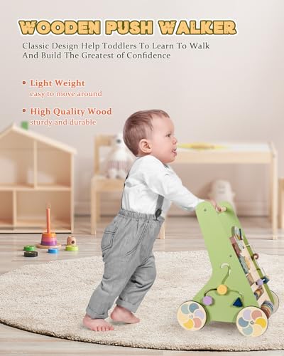 LOL-FUN Wooden Baby Walker with Wheels, Push Walker for Baby Boy 6-12 Months, Baby Activity Center Sit to Stand Walker Small Size - Image 5