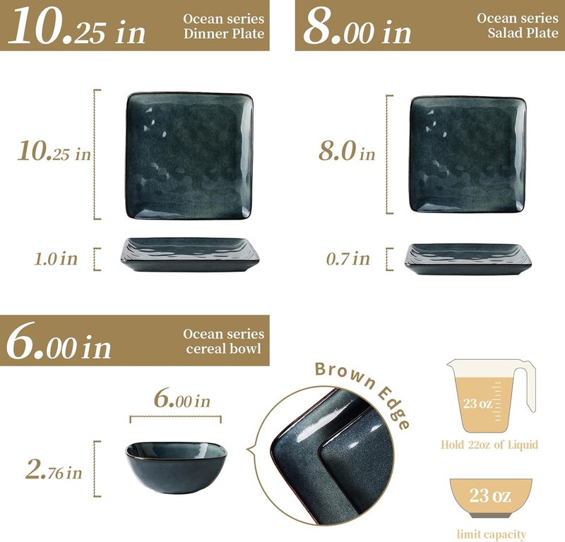 Famiware Ocean Square Plates and Bowls Set 18 Pieces Dinnerware Sets Dishes Set for 6 Microwave and Dishwasher Safe Scratch Resistant Deep Forest - Image 5