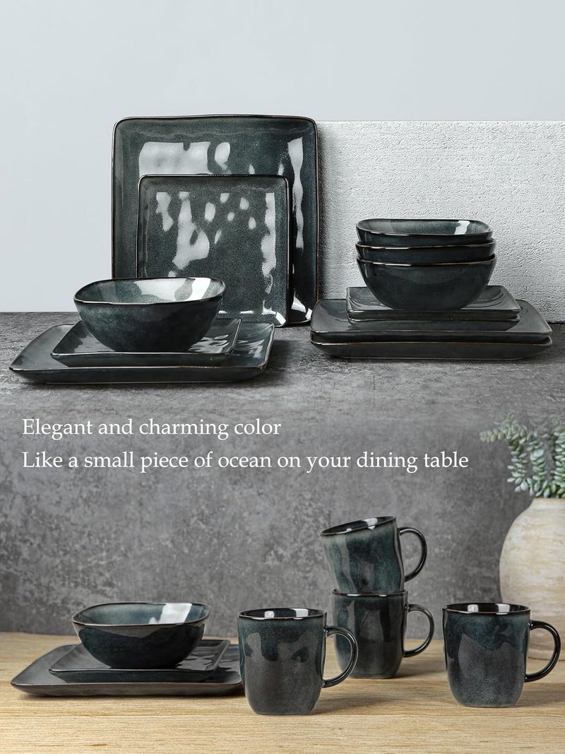 Famiware Ocean Square Plates and Bowls Set 18 Pieces Dinnerware Sets Dishes Set for 6 Microwave and Dishwasher Safe Scratch Resistant Deep Forest - Image 3