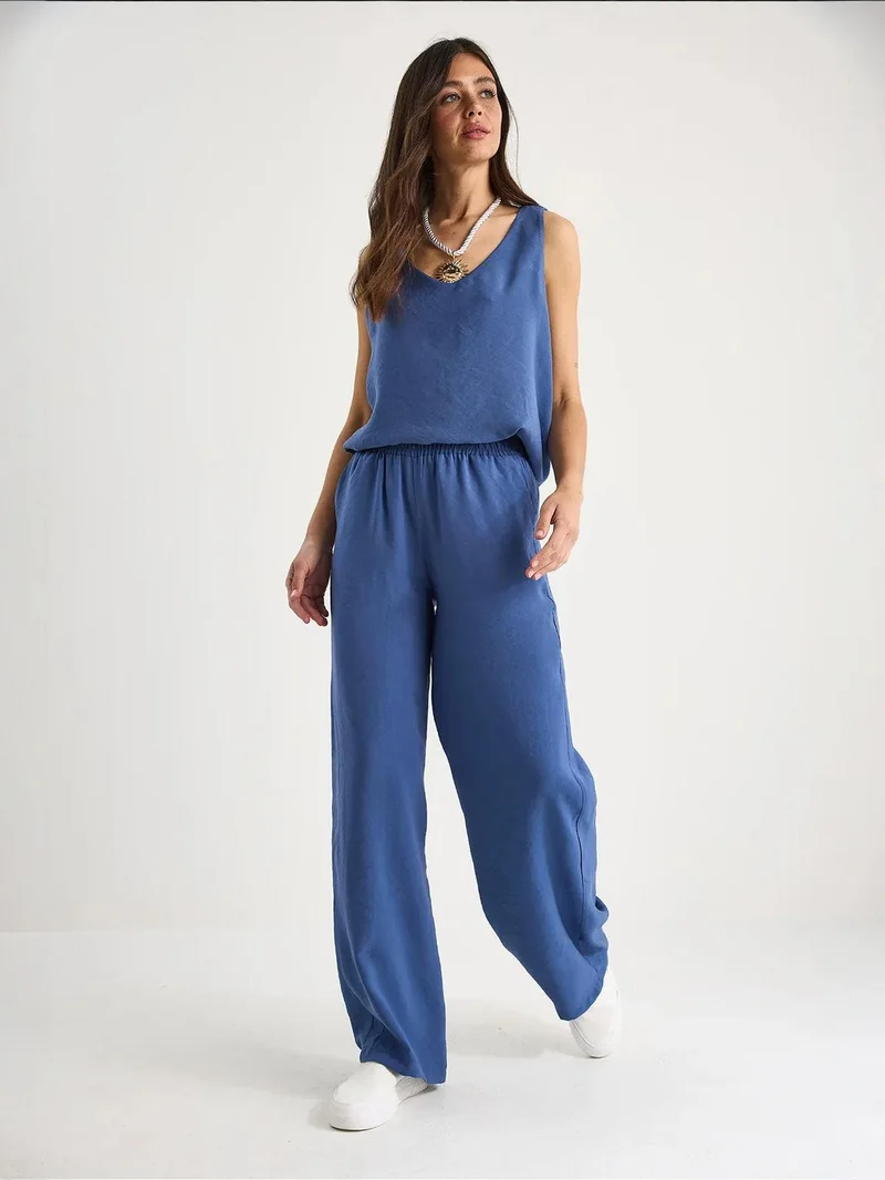 Bianco Lucci Cerulean Blue LUCCI V-Neck Cotton Blouse-Pants Two-Piece Set for Women | Best Price UAE