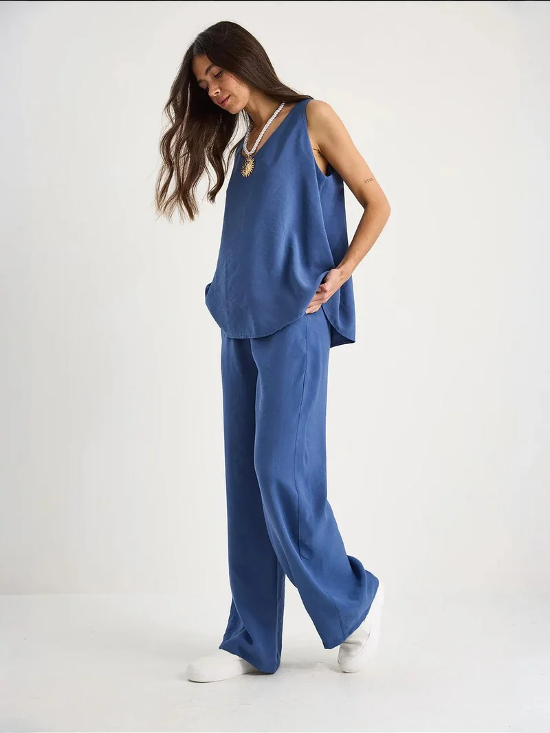 Bianco Lucci LUCCI V-Neck Cotton Blouse-Pants Two-Piece Set