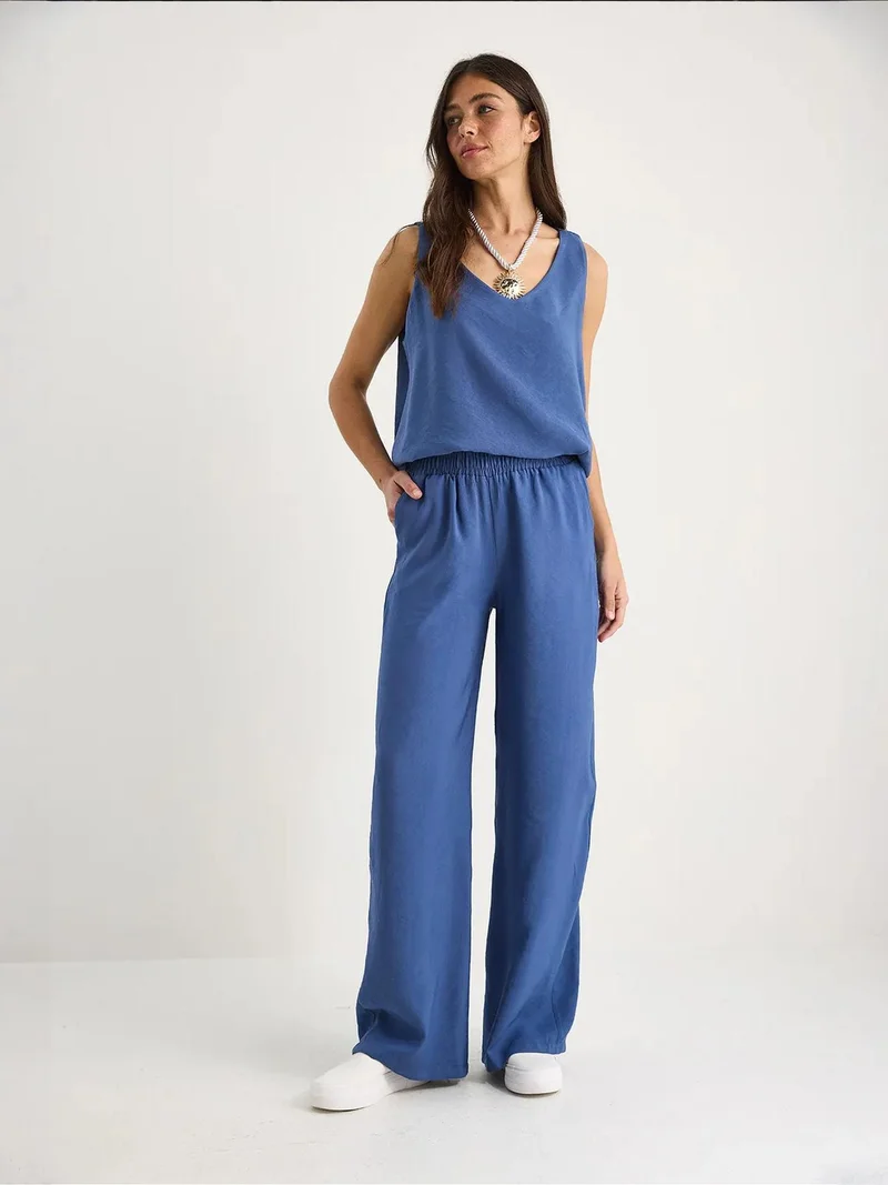 Bianco Lucci Cerulean Blue LUCCI V-Neck Cotton Blouse-Pants Two-Piece Set for Women | Best Price UAE
