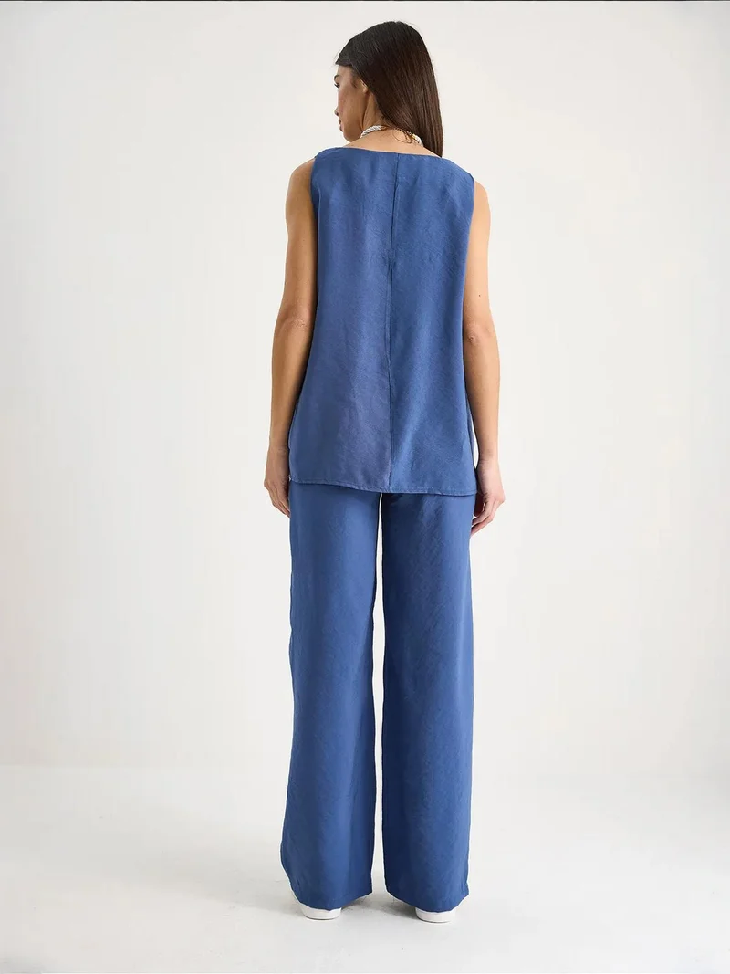 Bianco Lucci Cerulean Blue LUCCI V-Neck Cotton Blouse-Pants Two-Piece Set for Women | Best Price UAE