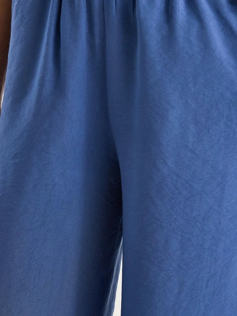 Bianco Lucci Cerulean Blue LUCCI V-Neck Cotton Blouse-Pants Two-Piece Set for Women | Best Price UAE