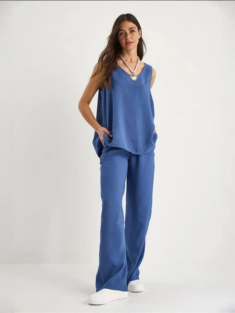 Bianco Lucci Cerulean Blue LUCCI V-Neck Cotton Blouse-Pants Two-Piece Set for Women | Best Price UAE