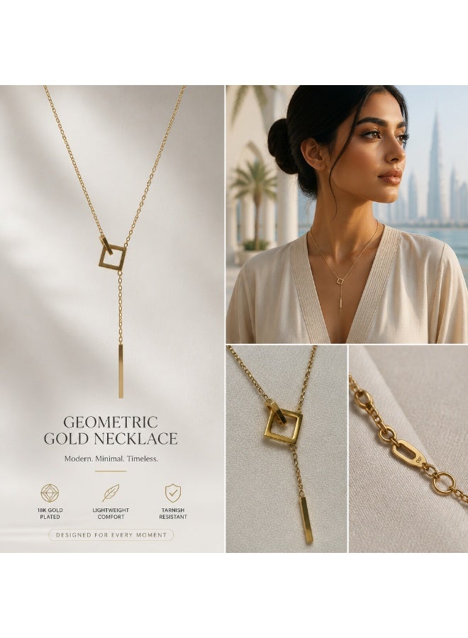 Modern Geometric Lariat Necklace – 18K Gold Plated Square & Bar Pendant - Image 1