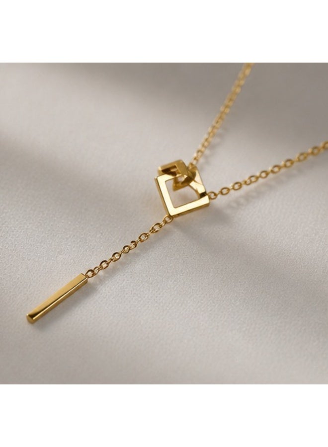 Modern Geometric Lariat Necklace – 18K Gold Plated Square & Bar Pendant - Image 3