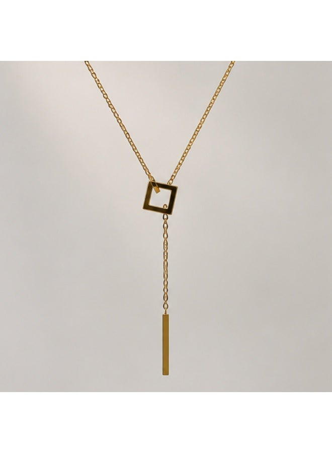 Modern Geometric Lariat Necklace – 18K Gold Plated Square & Bar Pendant - Image 2