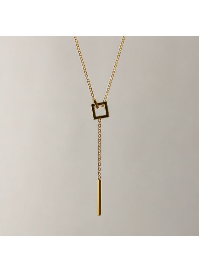 Modern Geometric Lariat Necklace – 18K Gold Plated Square & Bar Pendant - Image 4