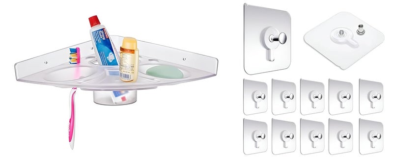 Corner Bathroom Shelf Organiser 5in1 ABS Plastic Wall Mount Storage Caddy Clear Heavy Duty SelfAdhesive Transparent Photo Frame Wall Hooks Pack of 15