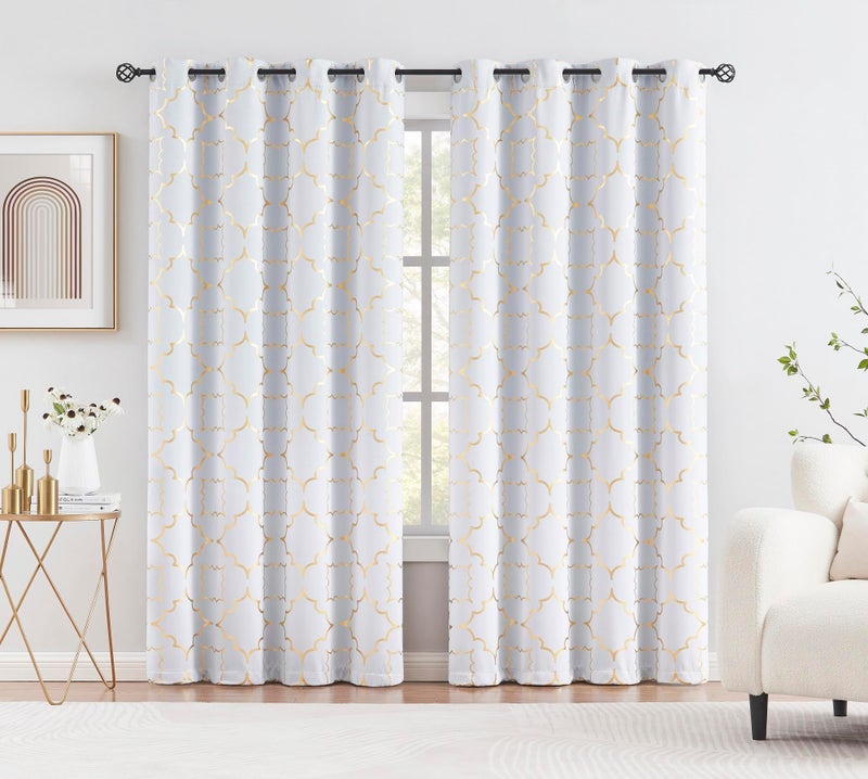 Purainbow White Blackout Curtain Panels For Bedroom 84"" Gold Foil Moroccan Metallic Print Energy Efficient Drapes For Bedroom Living Room  Thermal Insulated Window Treatments Grommet Top 2 Panels - Image 2
