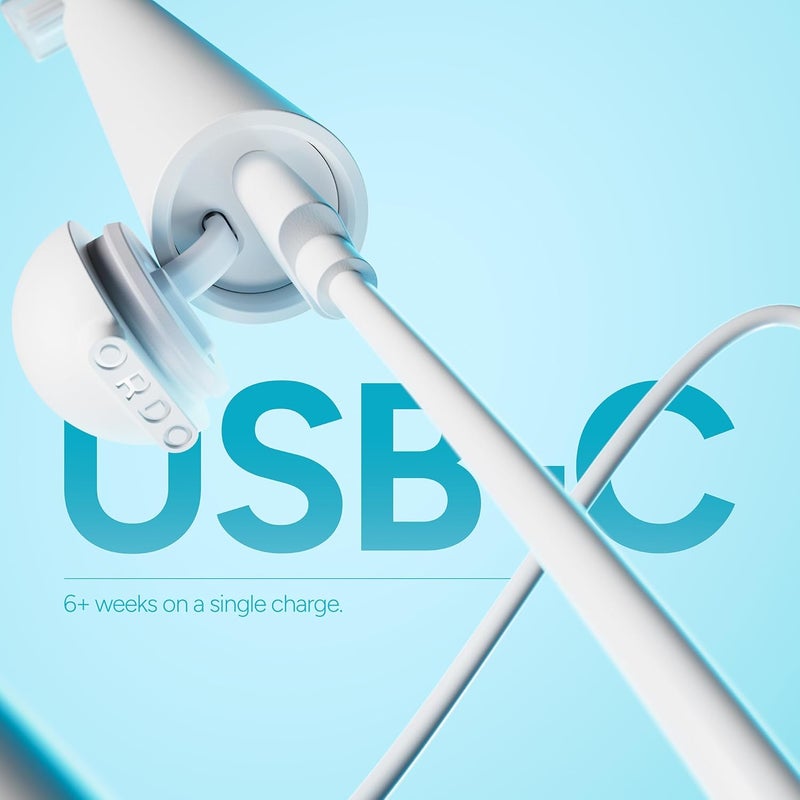 أوردو فرشاة أسنان كهربائية صوتية قابلة للشحن Sonic Edge للبالغين، فرشاة أسنان صوتية مدمجة مع USB-C، بطارية تدوم لأكثر من 6 أسابيع، غطاء سفر، رأس فرشاة واحد وكابل (ثلج) - Image 5