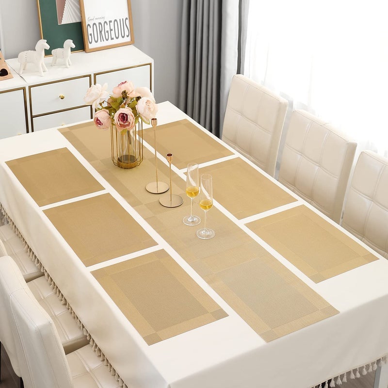 Vrupan Vrupan PVC Polyester Plastic Wood HeatResistant Placemats Set with Table Runner for Kitchen Dining Table Placemat6RunnerGolden 