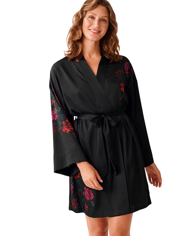 La Vie en Rose Red Rose Print Satin Kimono - Image 1