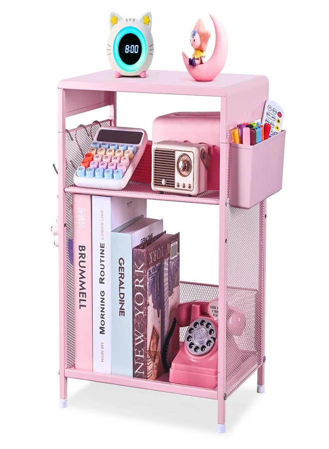 ECOLOVI Pink Kids Nightstand, 3-Tier Small Side Table for Small Spaces, Narrow End Table with Adjustable Storage Shelf, Girls Bedside Table for Toddler in Nursery, Living Room Sofa, Bedroom, Office - Image 1