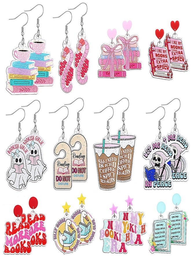 Nosiny 12 Pairs Glitter Acrylic Book Earrings for Book Lover Women Funny Reading Ghost Coffee Silly Goose Drop Dangle Earring Bookish Jewelry Accessories Supply for Bookworm Reading Lover Teacher Gift - Image 1