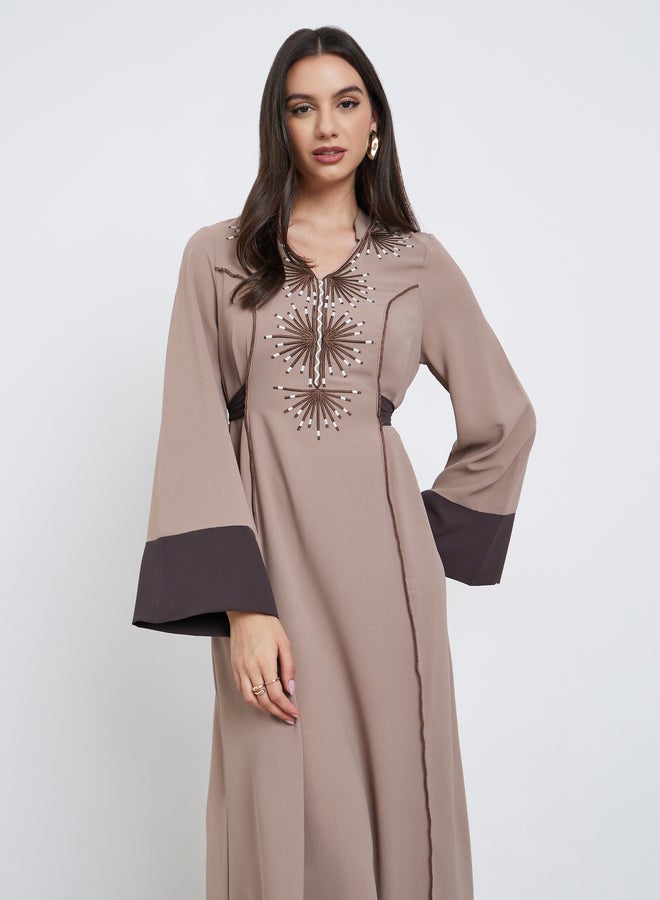 Take Two Beige Embroidery Back Tie A-Line Maxi Dress - Image 2