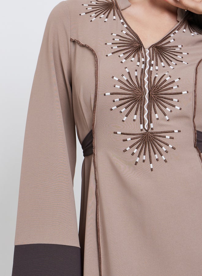 Take Two Beige Embroidery Back Tie A-Line Maxi Dress - Image 3