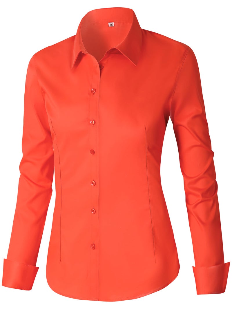 CUNLIN red Button Down Shirt Women Buttons up Collared Dress Shirts Fitted Womens Long Sleeve v Neck Button-Down Tunic Blouse Blouses Dressy Casual Work Tops Orange Red M - Image 1