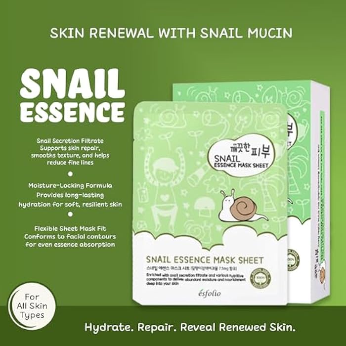 esfolio Snail Essence Mask Box – Hydrating & Repairing Sheet Masks, Korean Skincare for Moisturizing, Soothing, and Skin Renewal, Anti-Aging Face Mask for All Skin Types (Pack of 10) - Image 5