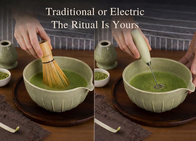 Matchiva Matcha Whisk Set with Matcha Bowl - Matcha Set Included Electric Frother, Bamboo Whisk, Matcha Spoon, Bamboo Holder, Sifter, Spoon Stand (Mottled Green) - Image 4