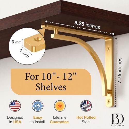 Balin Designs Classic Brass Heavy Duty Shelf Brackets 10 inch by Balin Designs – Gold L Bracket, Wall Mounted Support, Shelving Metal Bracket, Decorative Shelf Brackets, with Hardware Included, Set of 4 - Image 2