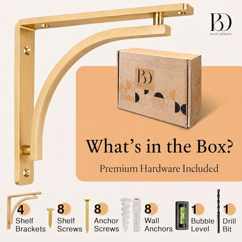 Balin Designs Classic Brass Heavy Duty Shelf Brackets 10 inch by Balin Designs – Gold L Bracket, Wall Mounted Support, Shelving Metal Bracket, Decorative Shelf Brackets, with Hardware Included, Set of 4 - Image 3