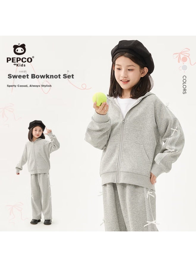 Pepco Girls' Spring Autumn New Stylish Bow Sweatshirt Cardigan Children's Sports Two-piece Set Autumn - Image 1