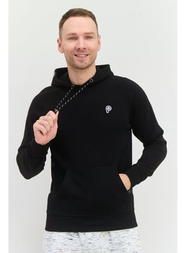 Men Hooded Embroidered Logo Long Sleeves Hoodies, Black